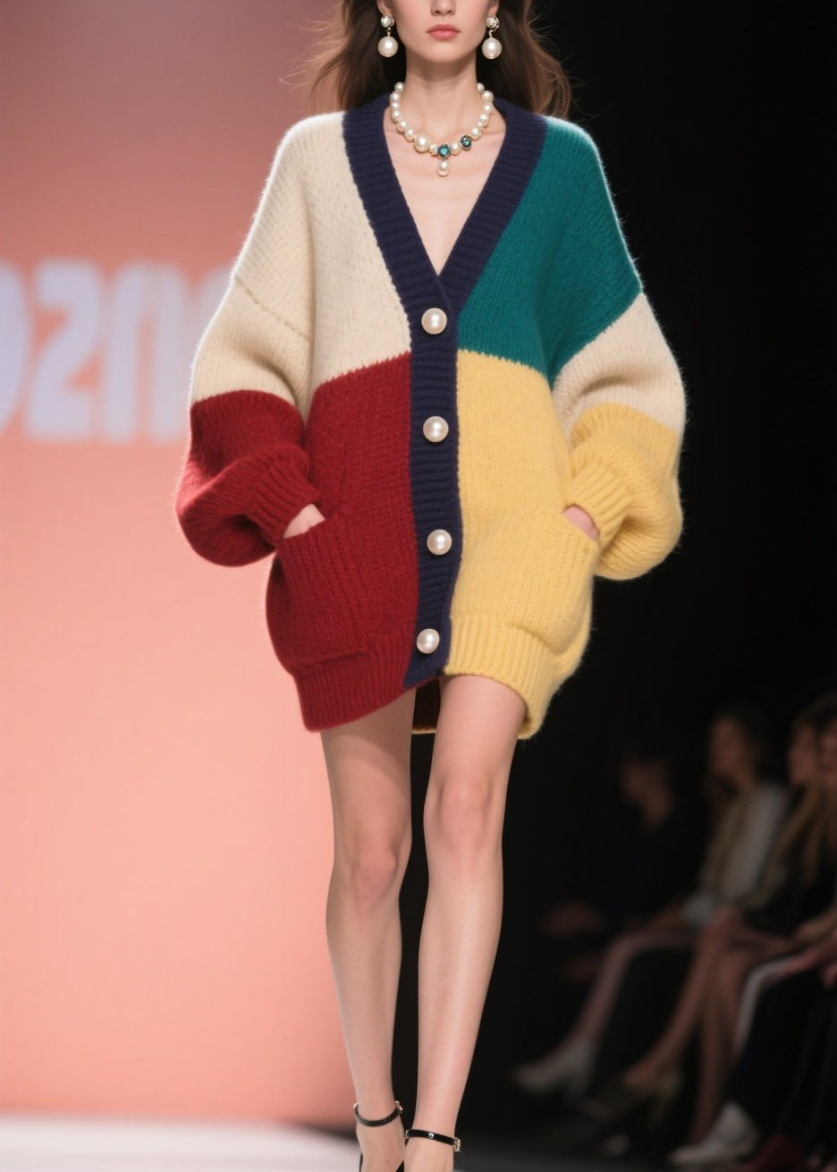 Organic Colorblock Pockets Patchwork Knit Cardigans Fall