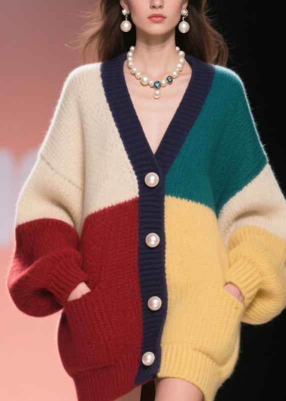 Organic Colorblock Pockets Patchwork Knit Cardigans Fall