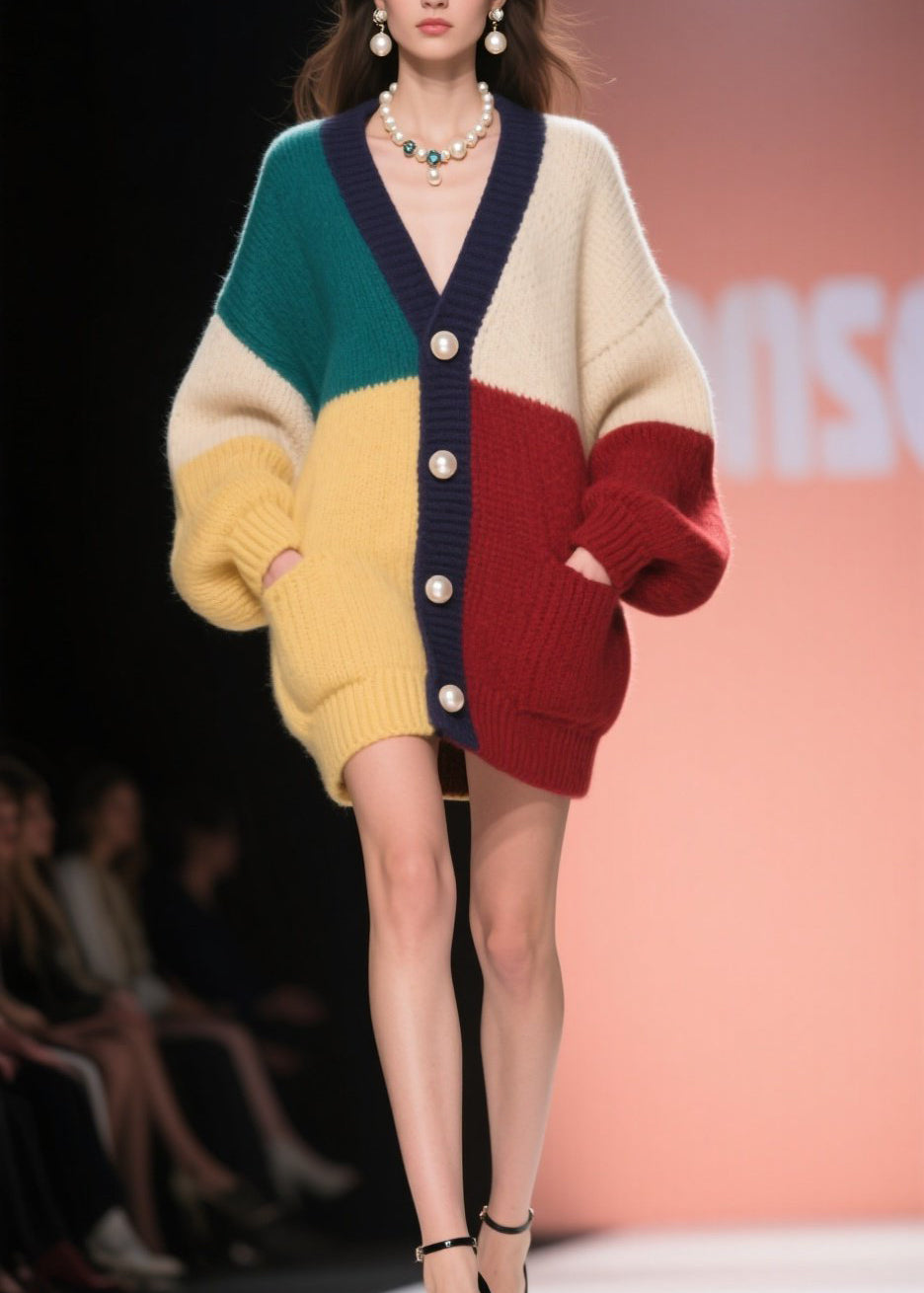 Organic Colorblock Pockets Patchwork Knit Cardigans Fall
