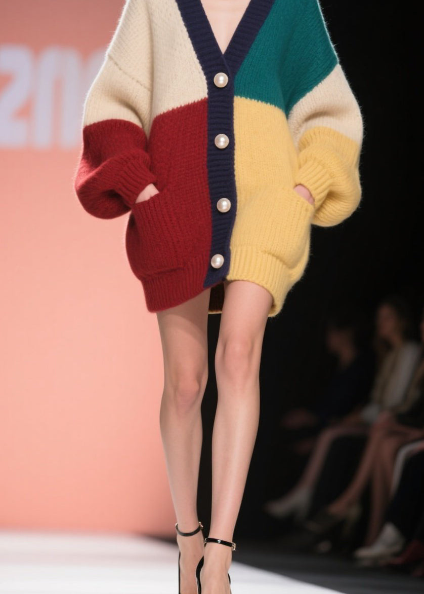 Organic Colorblock Pockets Patchwork Knit Cardigans Fall