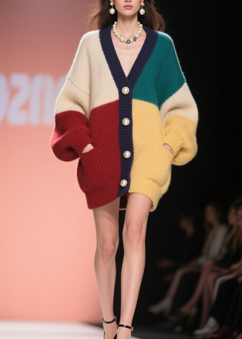 Organic Colorblock Pockets Patchwork Knit Cardigans Fall