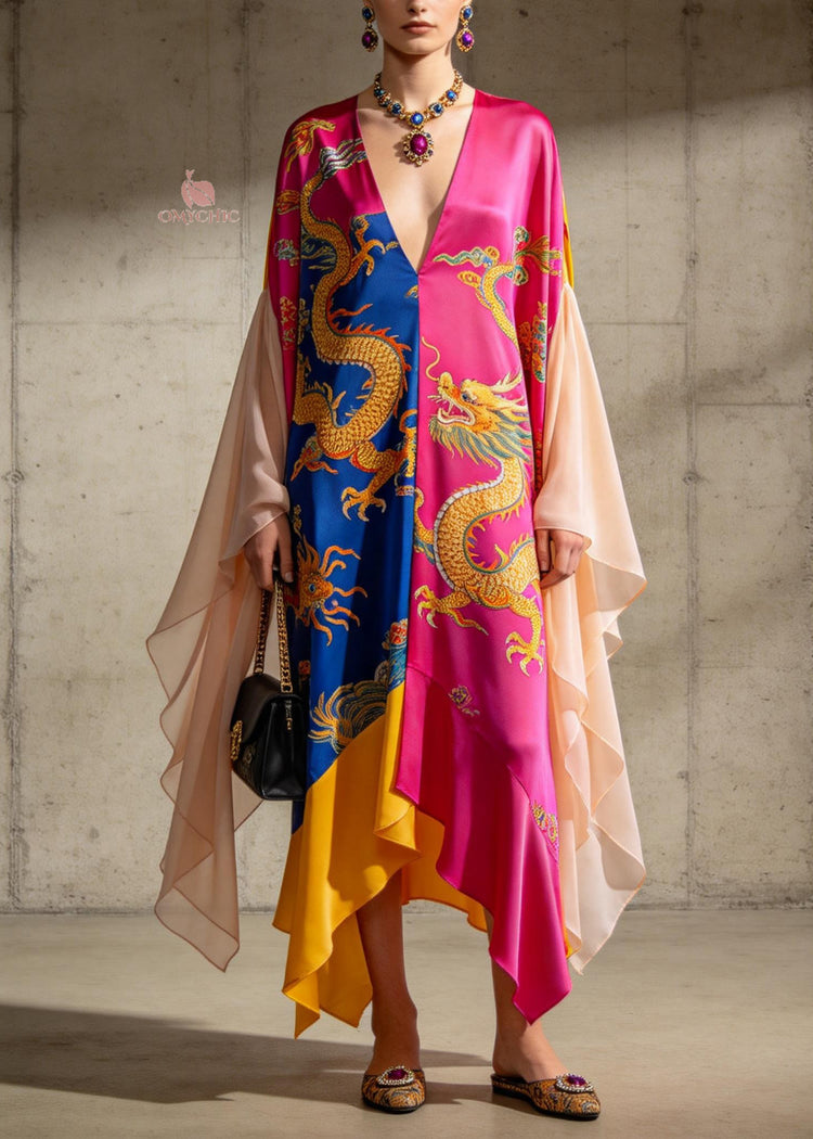 Organic Colorblock V Neck Print Chiffon Ankle Dress Summer - Omychic