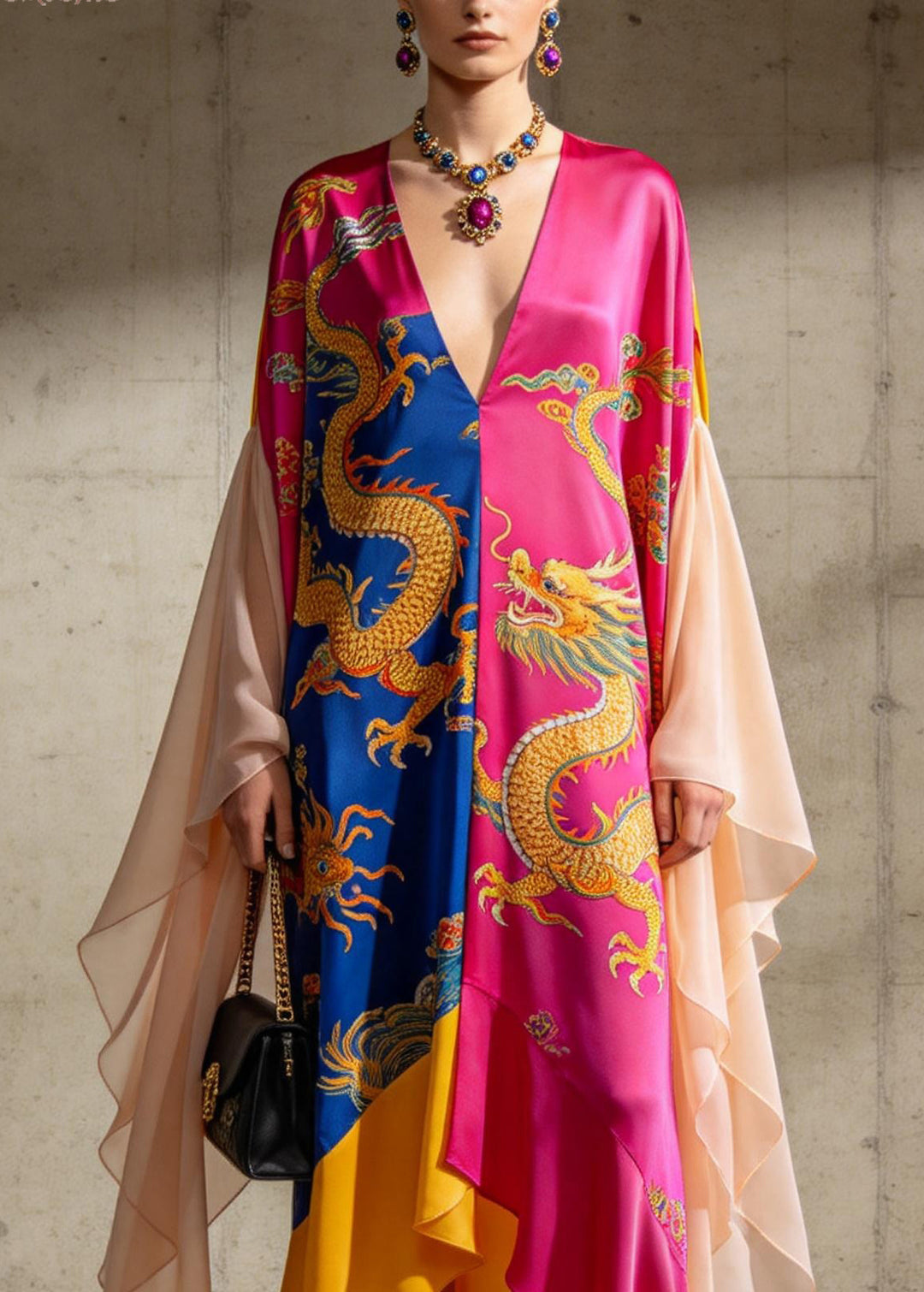 Organic Colorblock V Neck Print Chiffon Ankle Dress Summer - Omychic