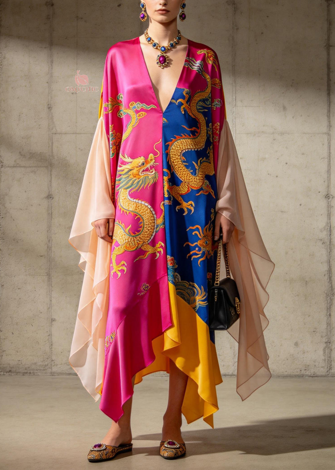 Organic Colorblock V Neck Print Chiffon Ankle Dress Summer - Omychic