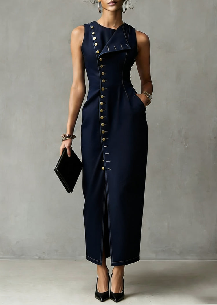 Organic Dark Blue Asymmetrical Pocket Denim Maxi Dress Sleeveless - Omychic