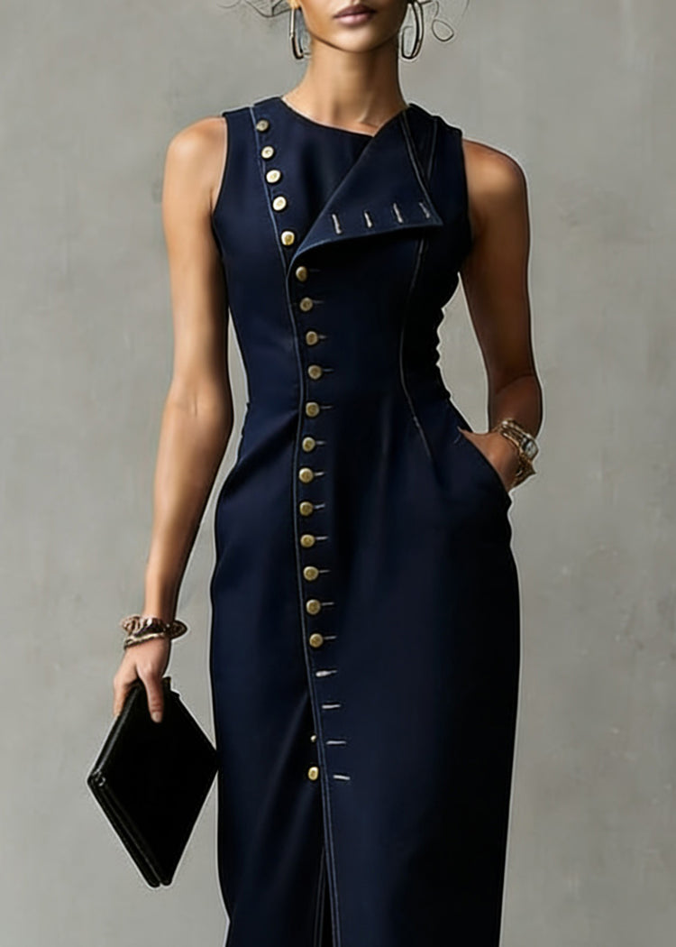 Organic Dark Blue Asymmetrical Pocket Denim Maxi Dress Sleeveless - Omychic