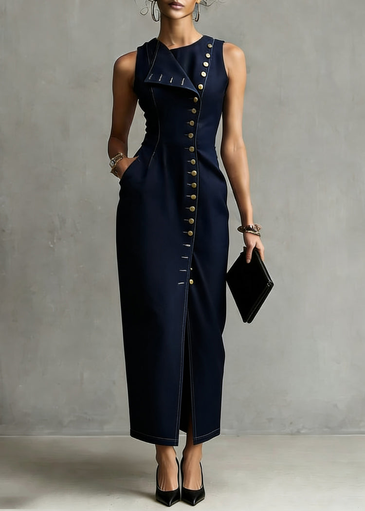 Organic Dark Blue Asymmetrical Pocket Denim Maxi Dress Sleeveless - Omychic
