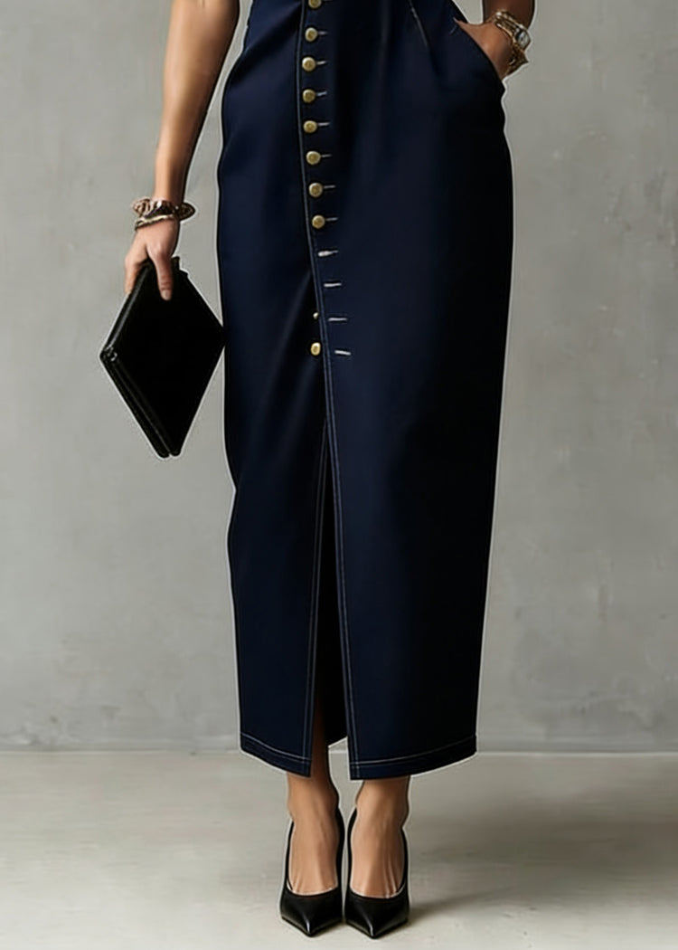 Organic Dark Blue Asymmetrical Pocket Denim Maxi Dress Sleeveless - Omychic
