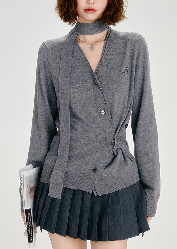 Organic Dark Grey Asymmetrical Button Knit Cardigans Spring
