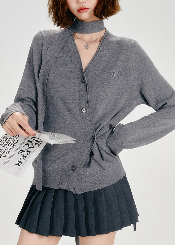 Organic Dark Grey Asymmetrical Button Knit Cardigans Spring