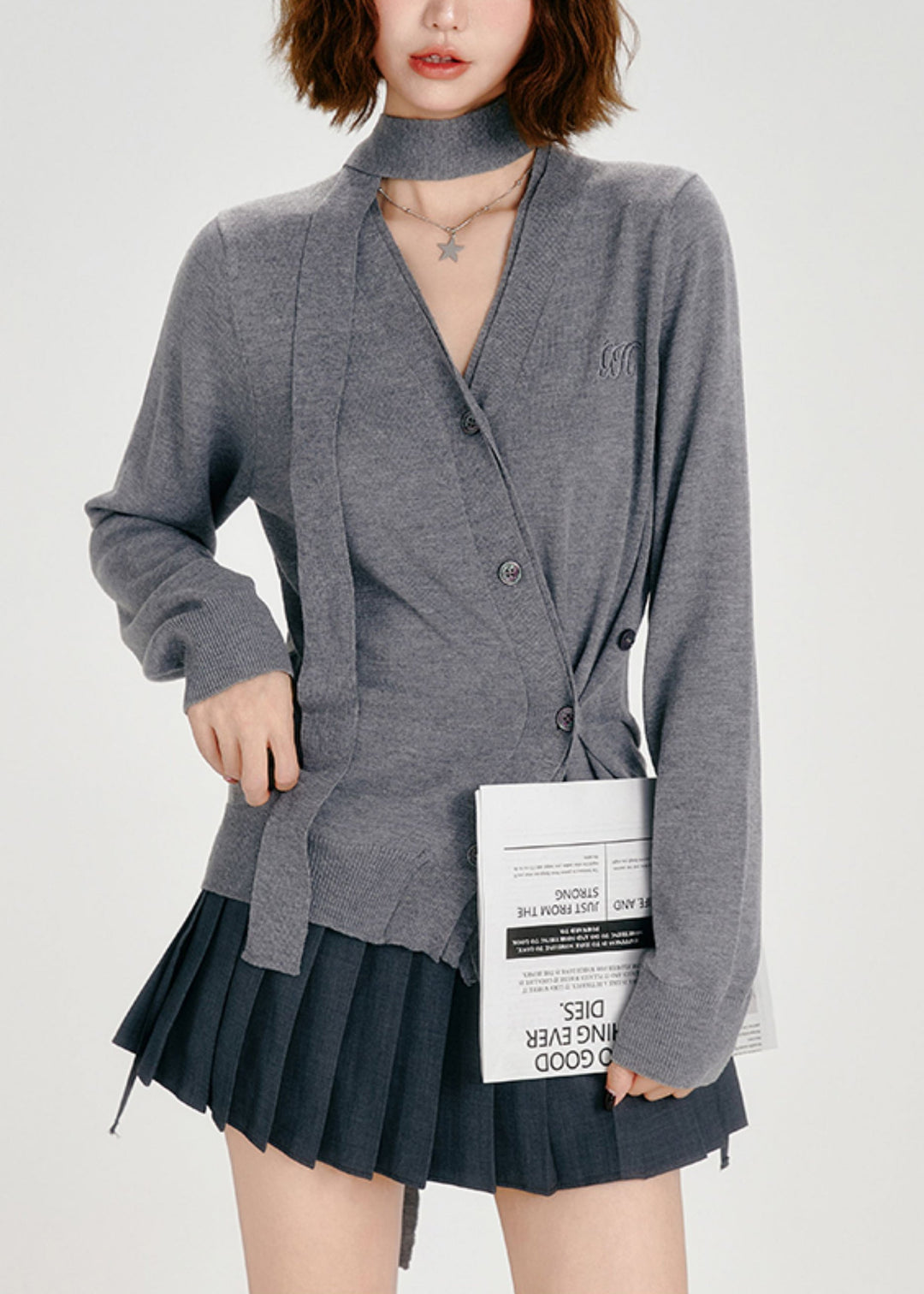 Organic Dark Grey Asymmetrical Button Knit Cardigans Spring