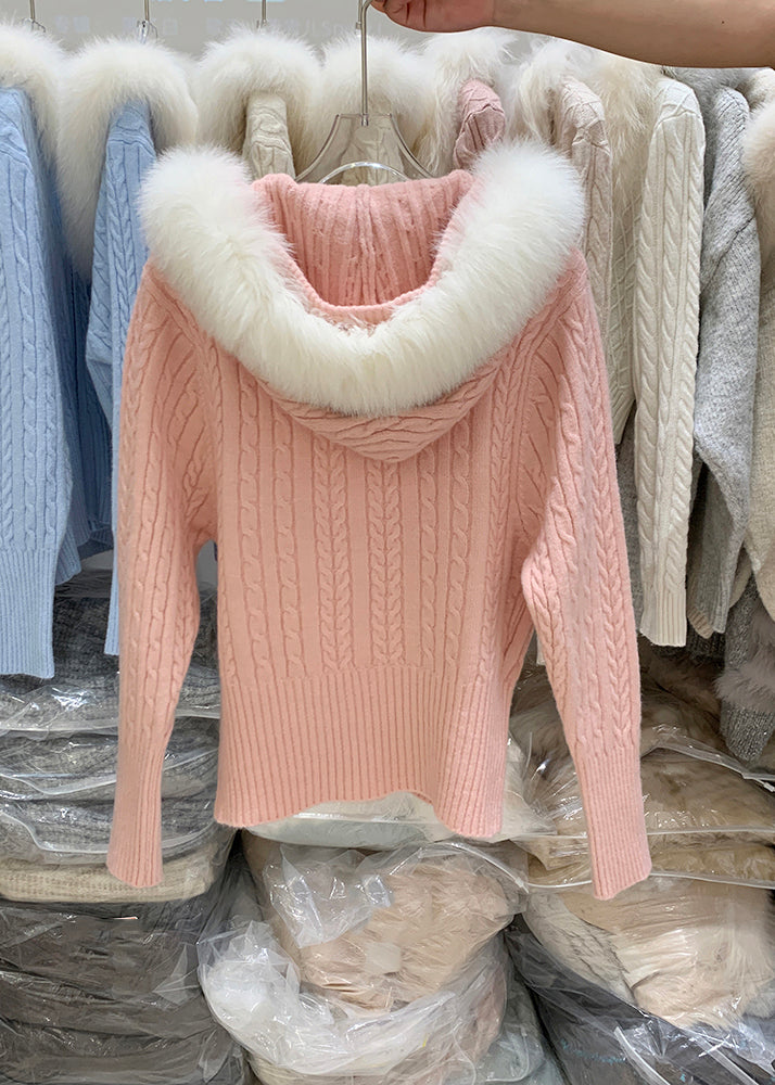 Organic Dark Grey Fur Collar Hooded Cotton Knit Cardigan Winter