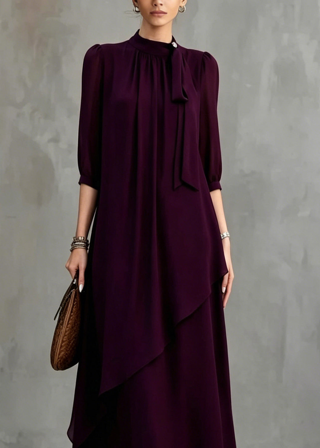 Organic Dark Purple Stand Collar Solid Maxi Dress Half Sleeve