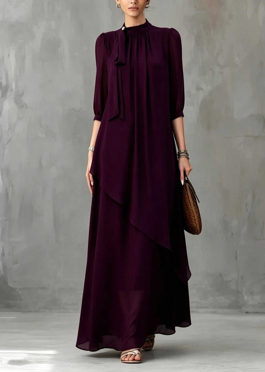Organic Dark Purple Stand Collar Solid Maxi Dress Half Sleeve