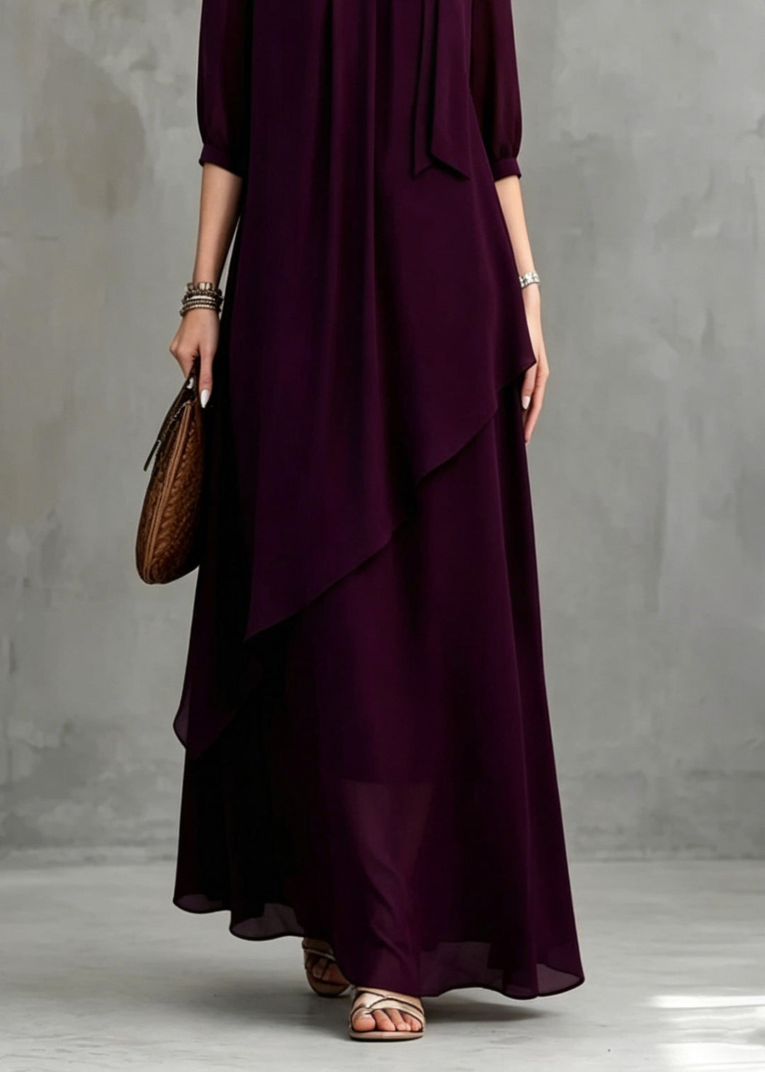 Organic Dark Purple Stand Collar Solid Maxi Dress Half Sleeve