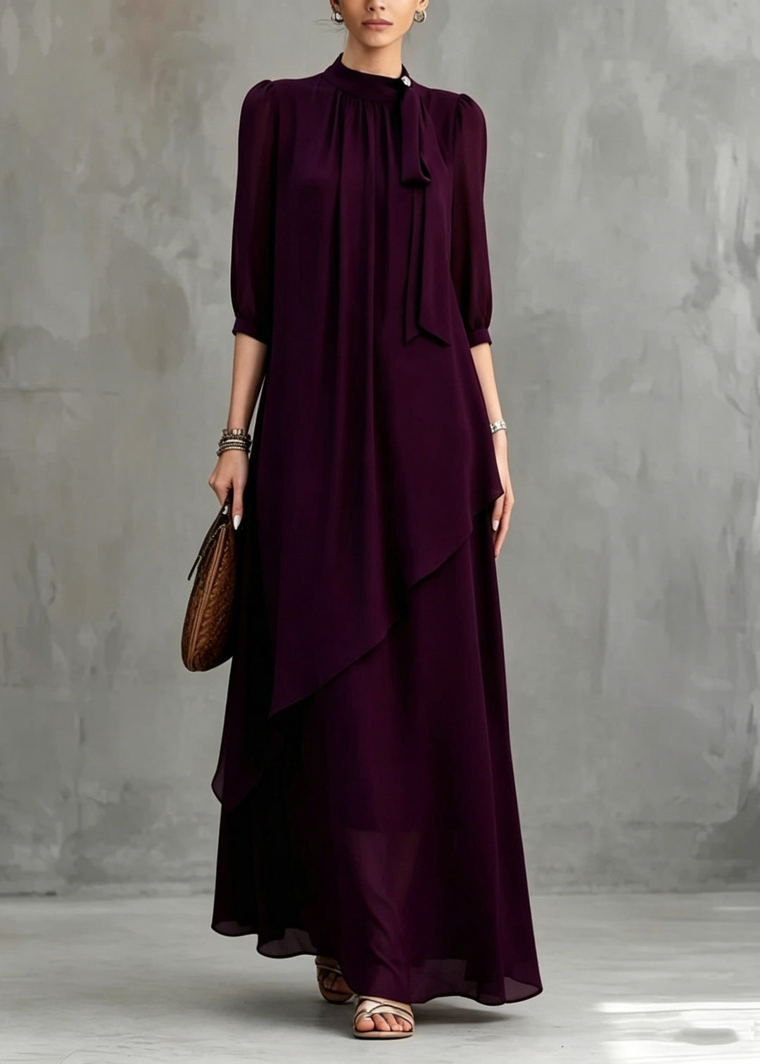 Organic Dark Purple Stand Collar Solid Maxi Dress Half Sleeve