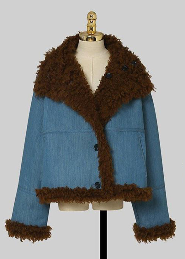 Organic Denim Blue Stand Collar Wear On Both Sides Warm Faux Fur Coats Winter
