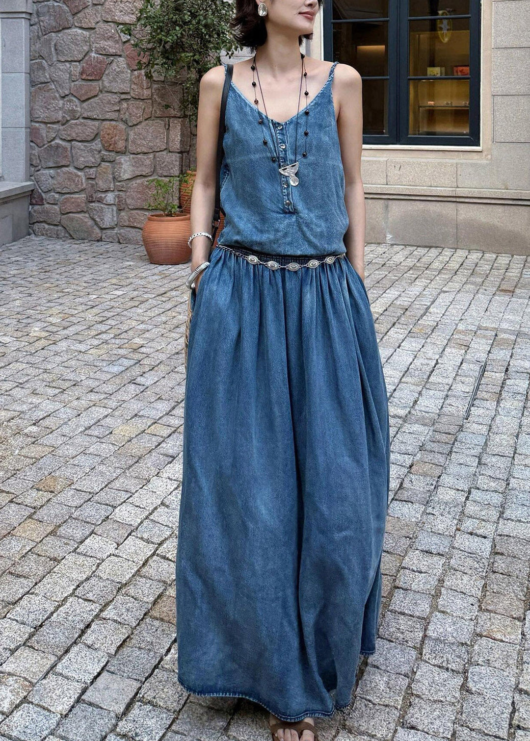 Organic Denim Blue V Neck Pockets Patchwork Long Spaghetti Strap Dress Sleeveless