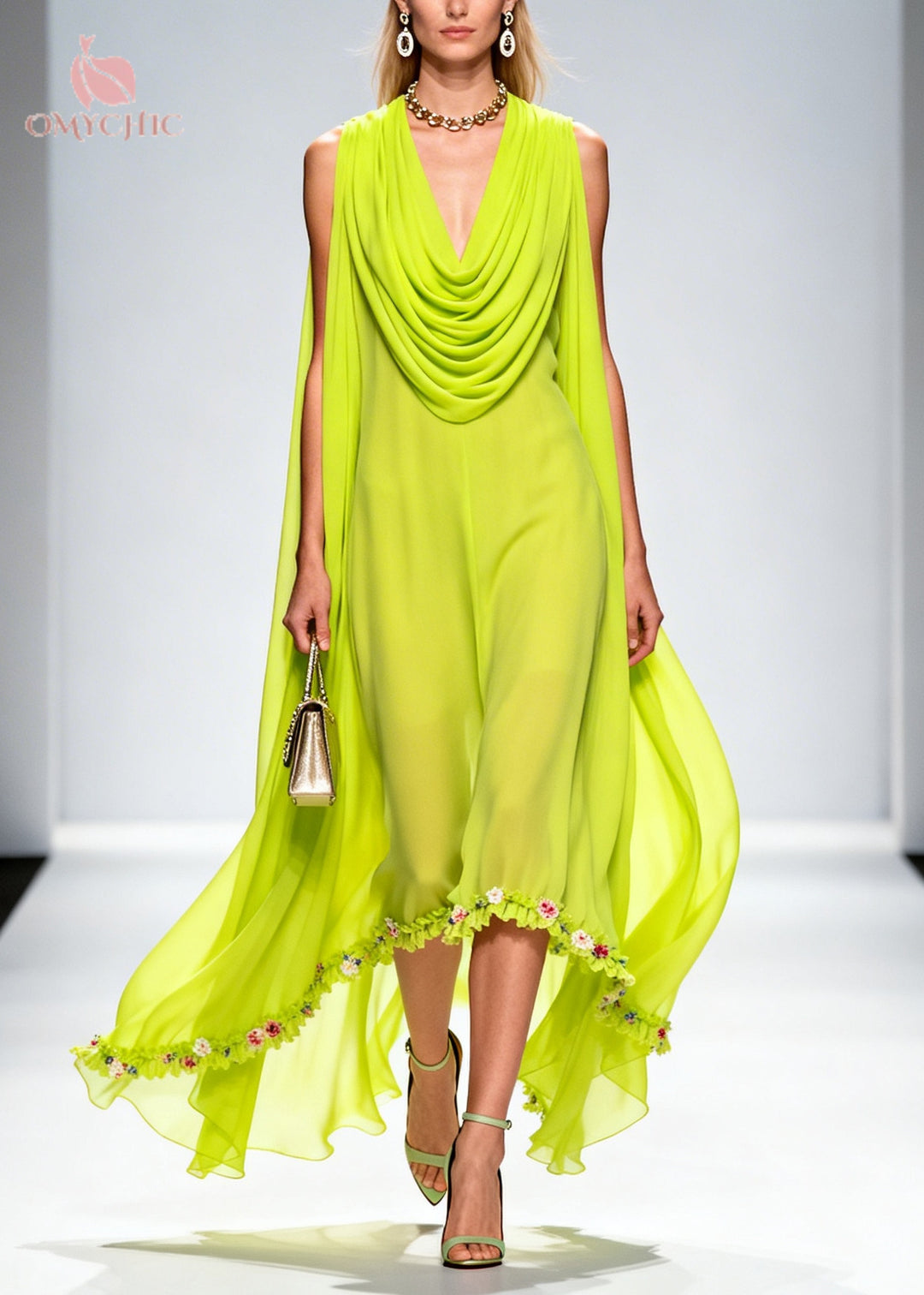 Organic Fluorescent Green Turtle Neck Floral Chiffon Long Dresses Summer