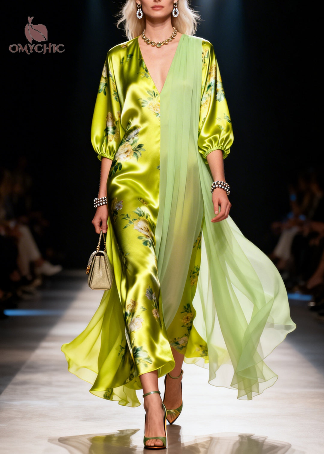Organic Grass Green Asymmetrical Patchwork Silk Ankle Dress Summer