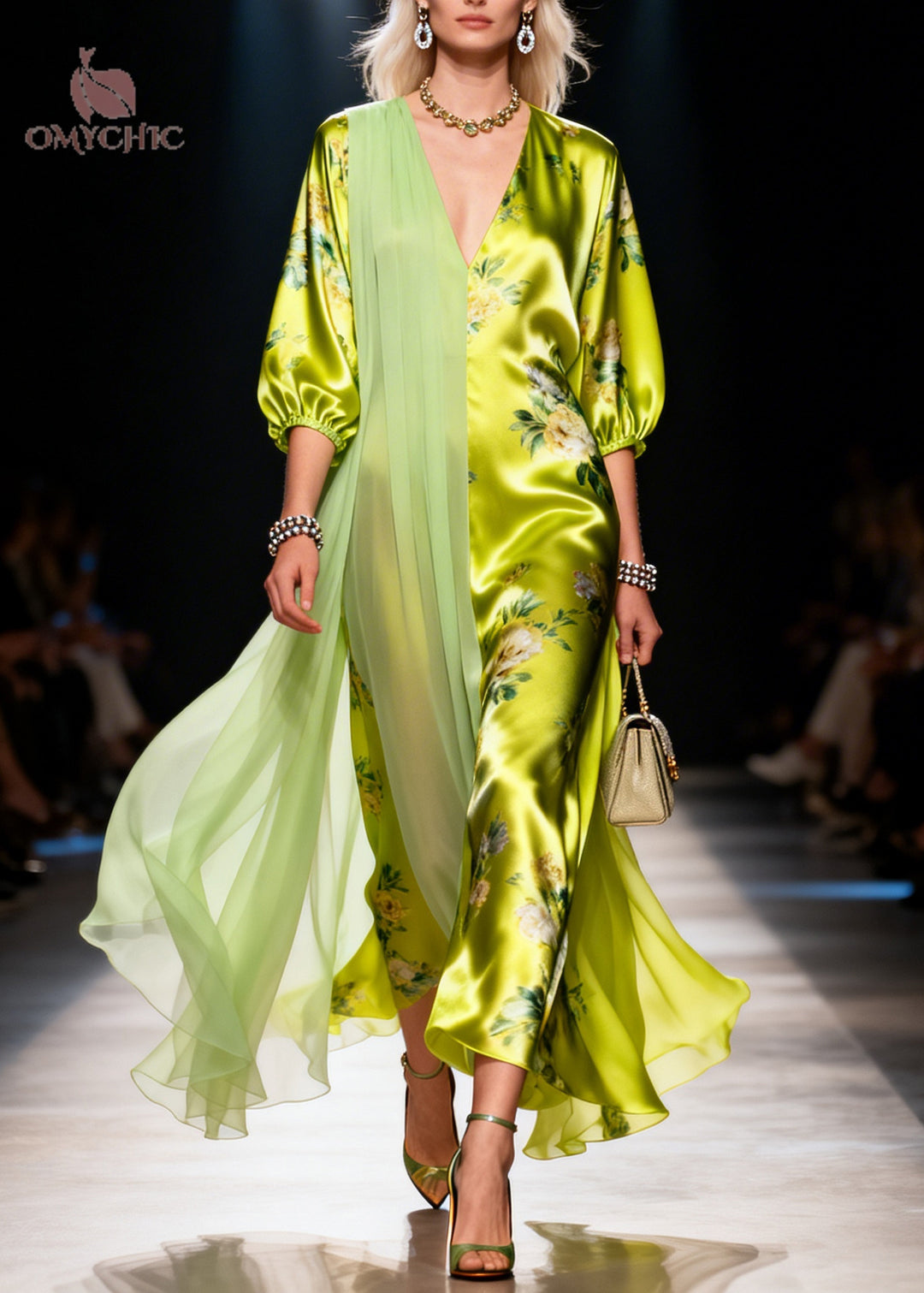 Organic Grass Green Asymmetrical Patchwork Silk Ankle Dress Summer