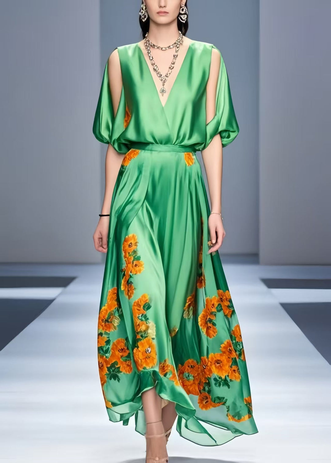 Organic Grass Green Cold Shoulder Print Silk Dress Summer