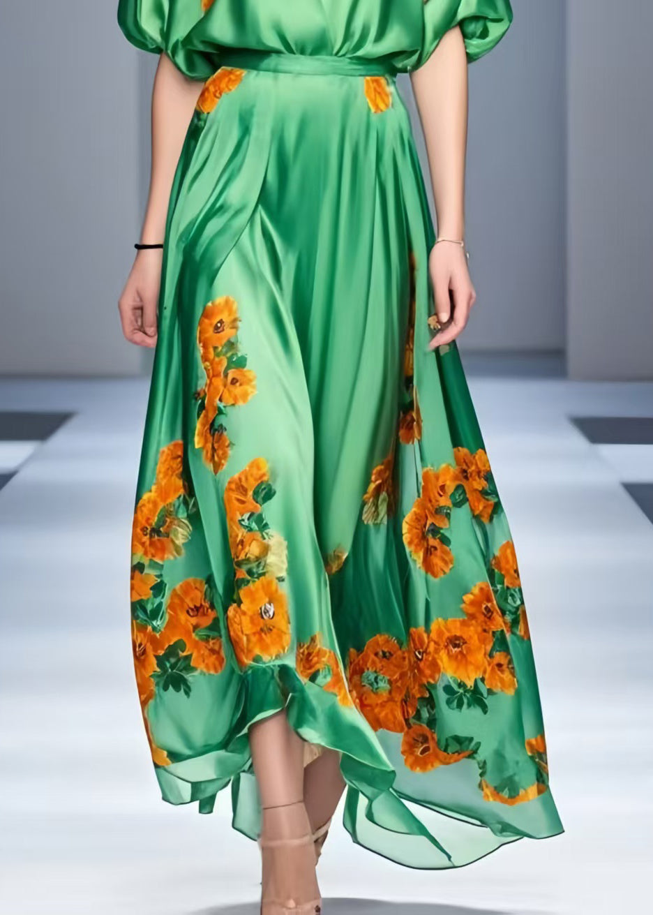 Organic Grass Green Cold Shoulder Print Silk Dress Summer