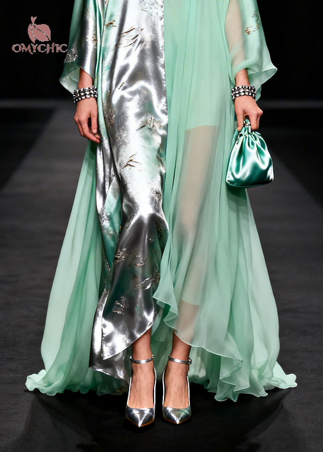 Organic Green Asymmetrical Patchwork Exra Large Hem Chiffon Party Dress Summer