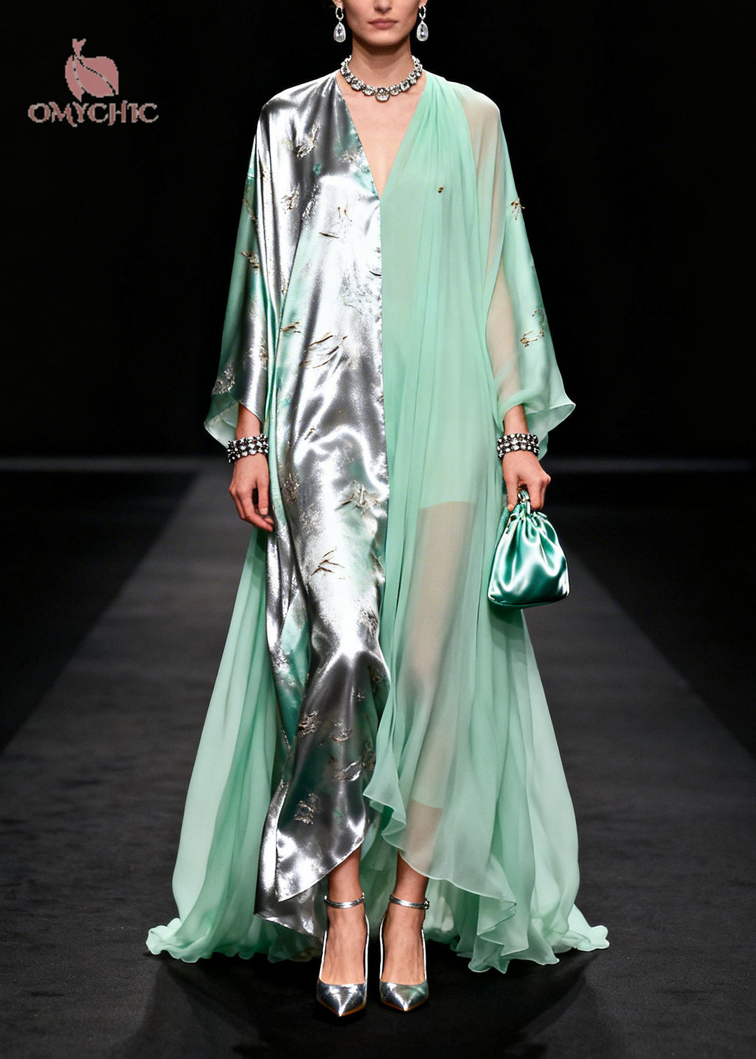 Organic Green Asymmetrical Patchwork Exra Large Hem Chiffon Party Dress Summer