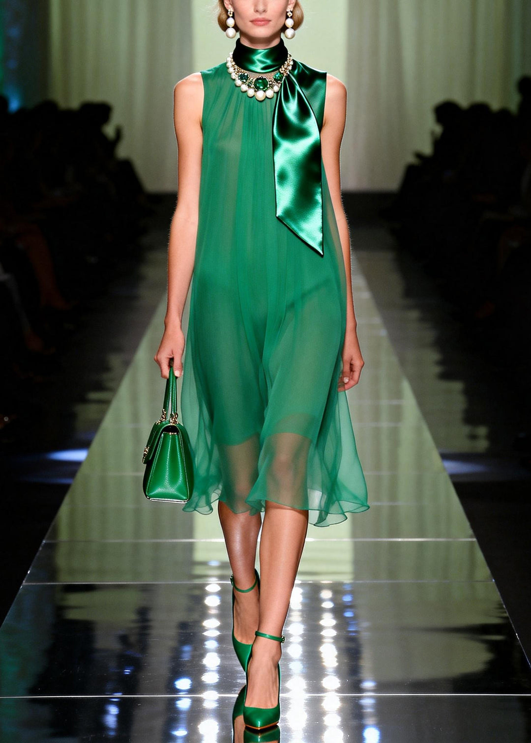 Organic Green Draping Chiffon Vacation Dress Summer