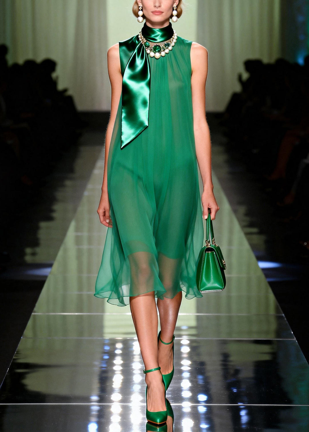 Organic Green Draping Chiffon Vacation Dress Summer
