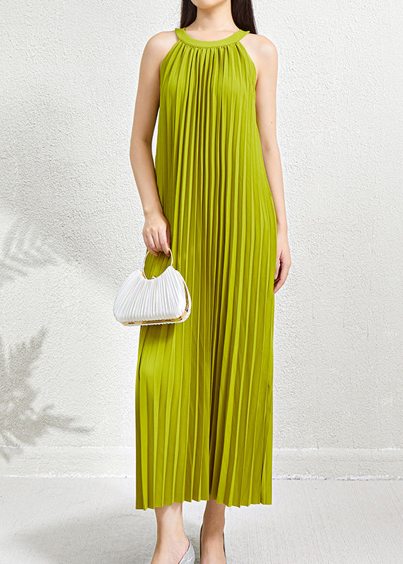 Organic Green Halter Wrinkled Pockets Long Dress Sleeveless