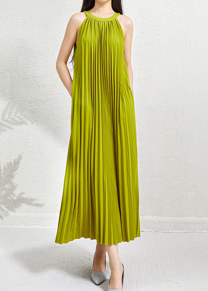 Organic Green Halter Wrinkled Pockets Long Dress Sleeveless