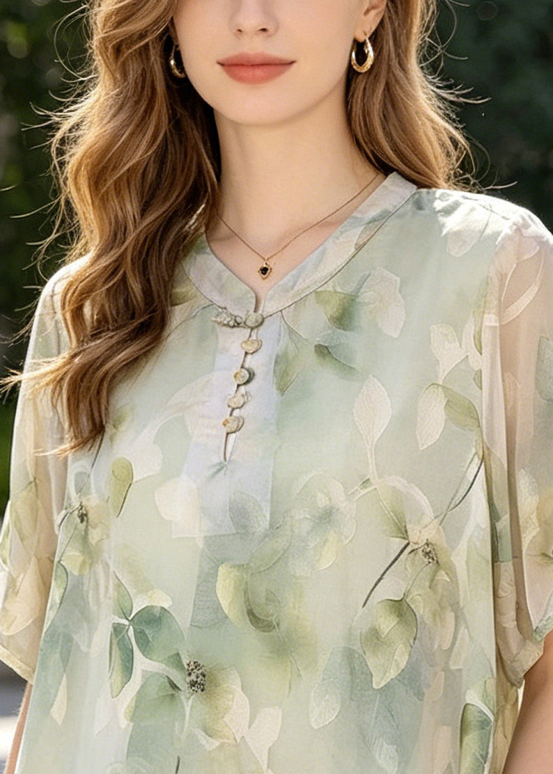 Organic Green Jacquard Chinese?Button Chiffon Blouses Summer