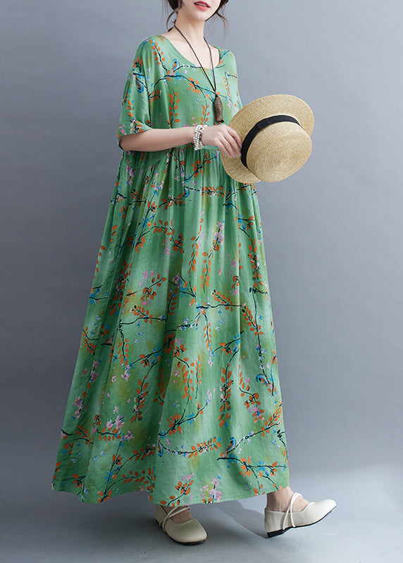 Organic Green O-Neck Patchwork Wrinkled Long Dress Summer