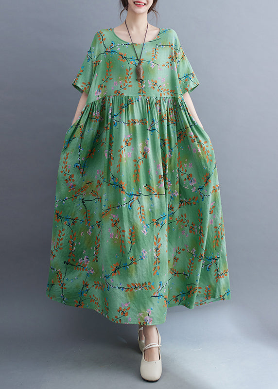 Organic Green O-Neck Patchwork Wrinkled Long Dress Summer