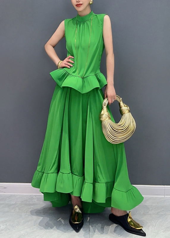 Organic Rose O-Neck Ruffled Top And Maxi Skirts Two Piece Set Sleeveless