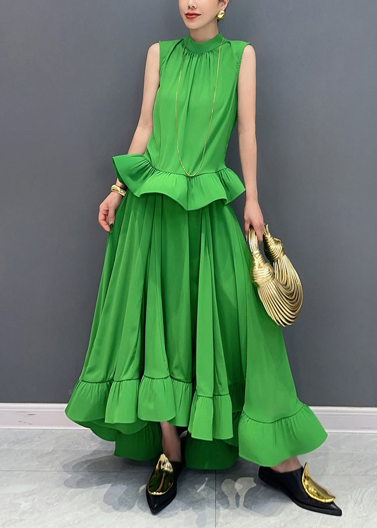 Organic Rose O-Neck Ruffled Top And Maxi Skirts Two Piece Set Sleeveless