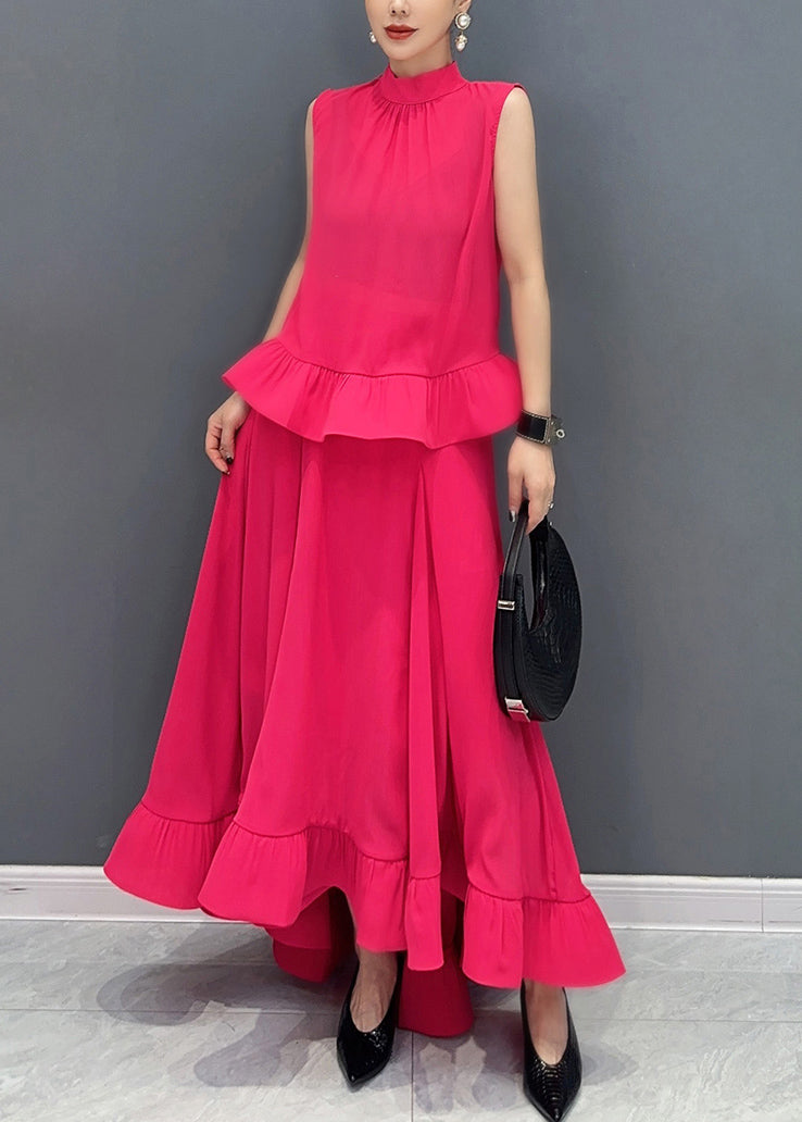 Organic Rose O-Neck Ruffled Top And Maxi Skirts Two Piece Set Sleeveless