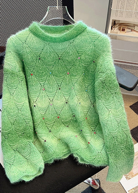 Organic Green Oversized Hollow Out Knit Sweater Tops Winter