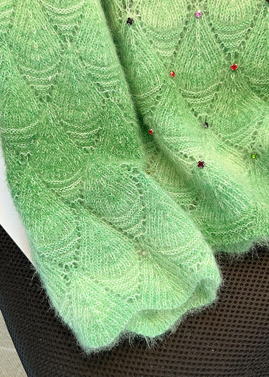 Organic Green Oversized Hollow Out Knit Sweater Tops Winter