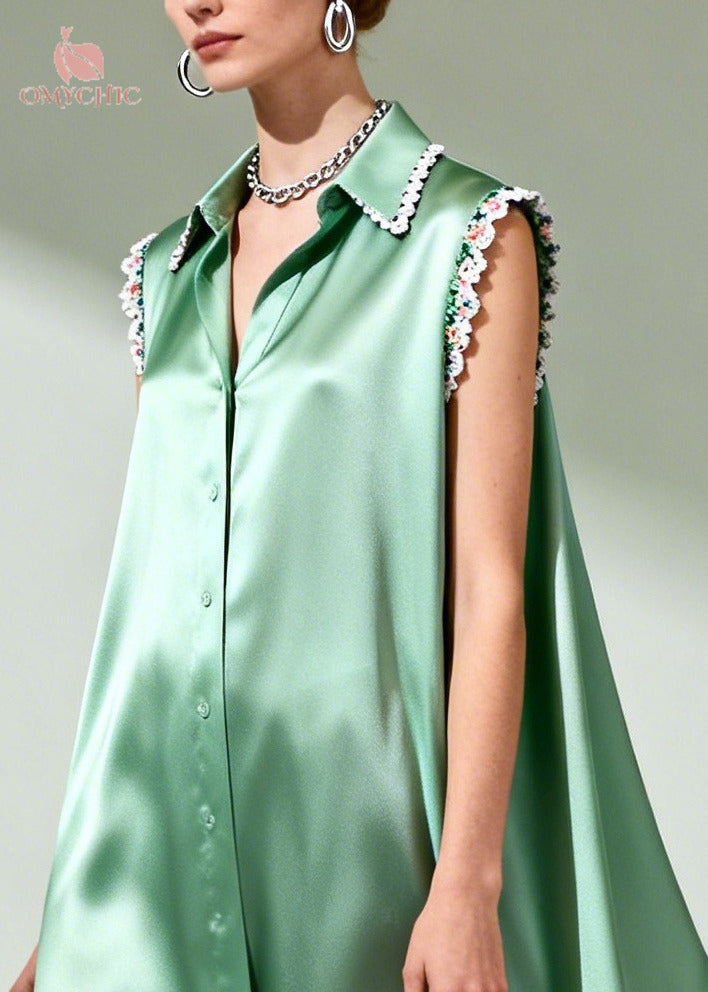 Organic Green Oversized Patchwork Lace Silk Shirt Dresses Summer
