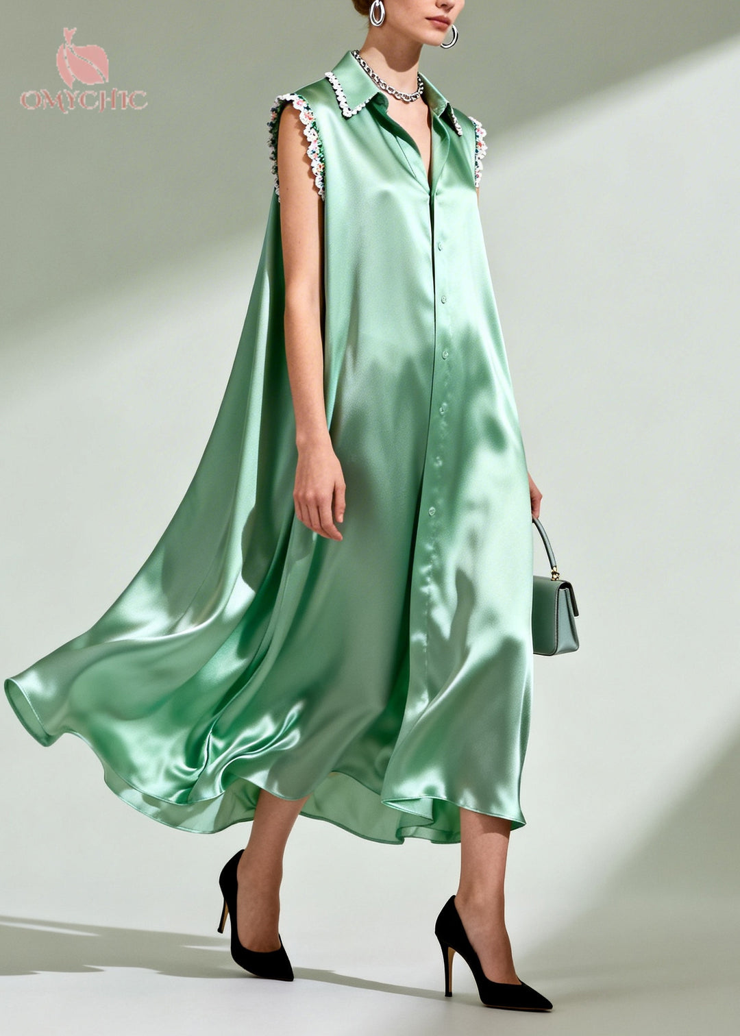Organic Green Oversized Patchwork Lace Silk Shirt Dresses Summer