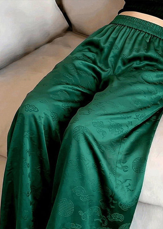 Organic Green Print Elastic Waist Wide Leg Pants Summer