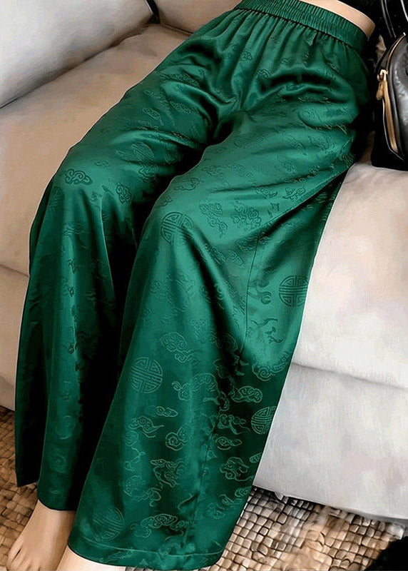 Organic Green Print Elastic Waist Wide Leg Pants Summer