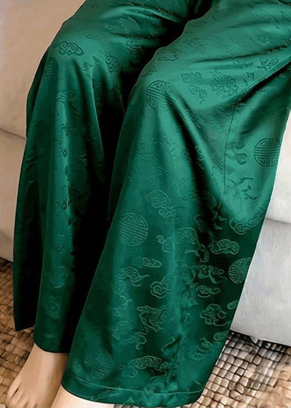 Organic Green Print Elastic Waist Wide Leg Pants Summer