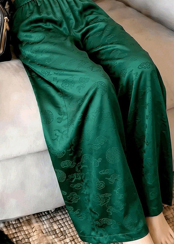 Organic Green Print Elastic Waist Wide Leg Pants Summer
