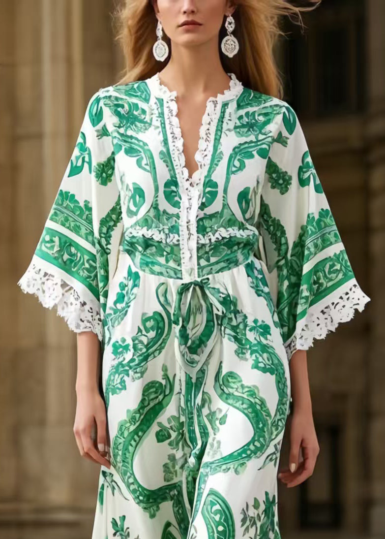Organic Green Print Patchwork Lace Holiday Dress Summer