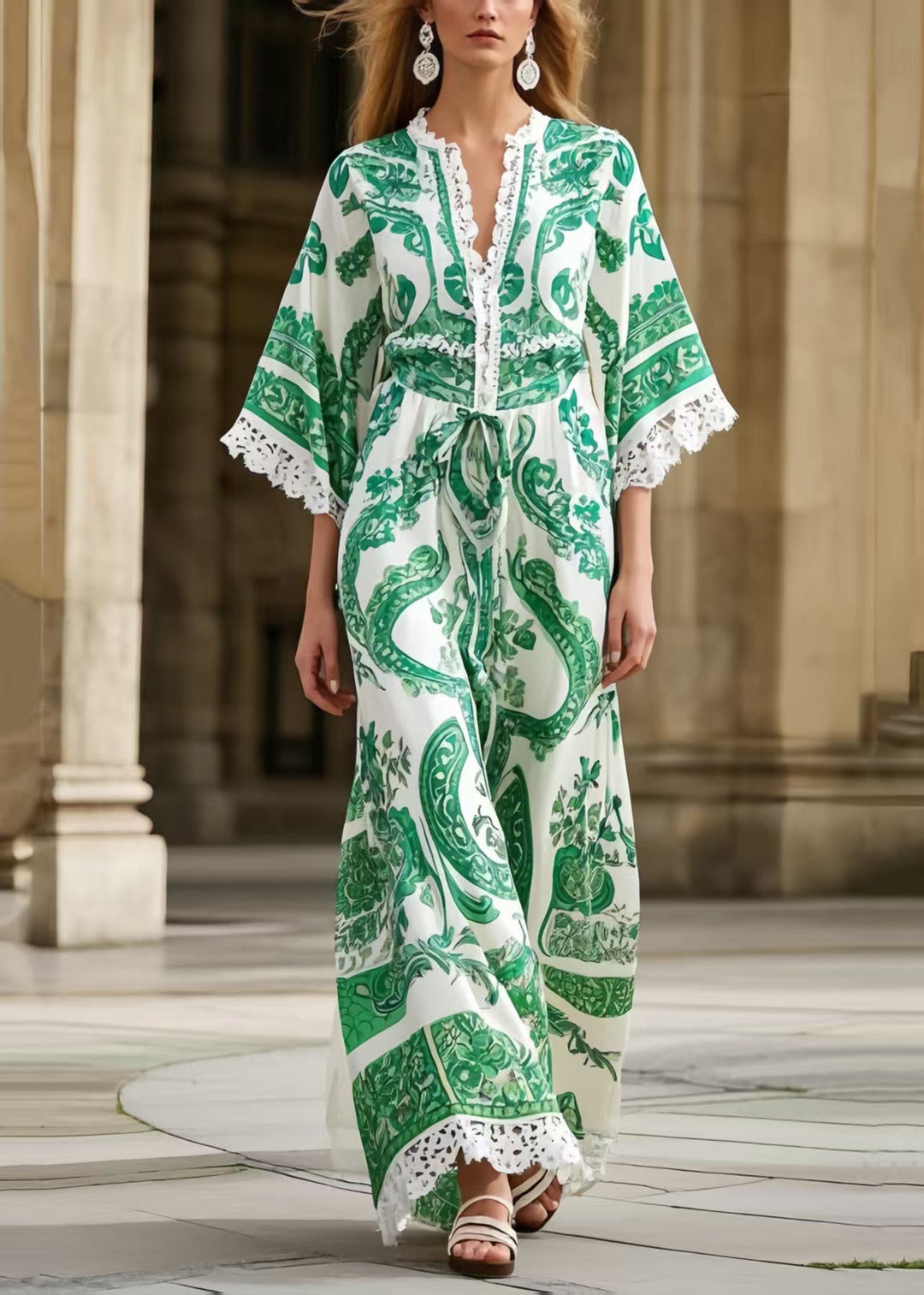 Organic Green Print Patchwork Lace Holiday Dress Summer