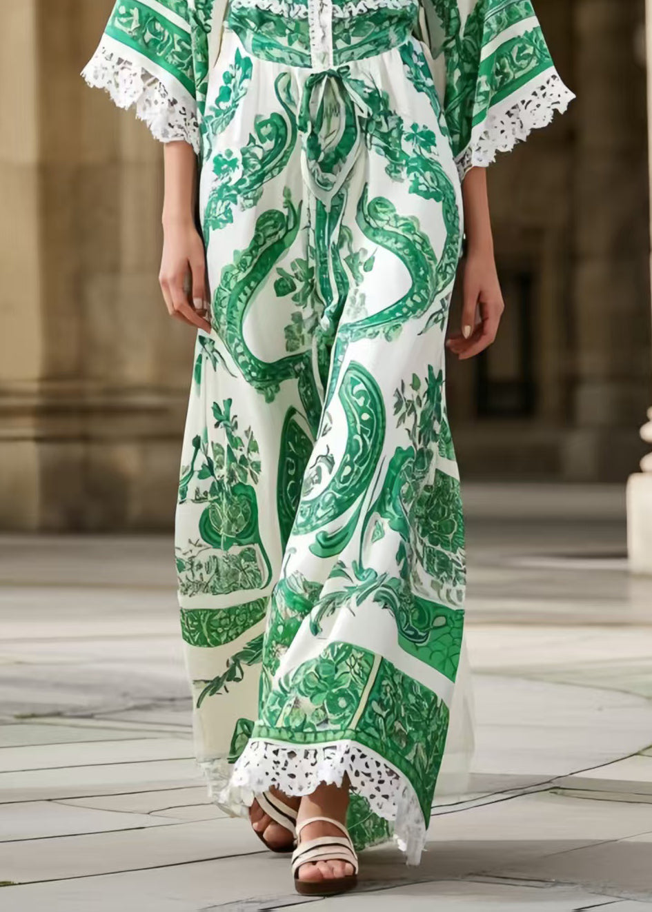 Organic Green Print Patchwork Lace Holiday Dress Summer